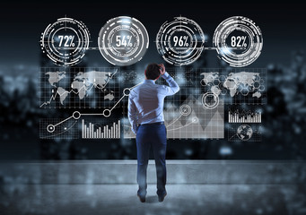 Businessman watching graph screens interface on a rooftop 3D rendering