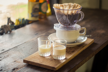 Drift Coffee and milk on wood board