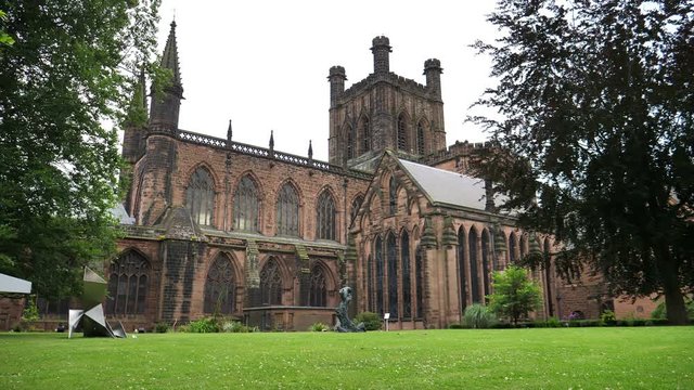 Chester Cathedral, circa July 2017, overcast day, cutaway establishing shot