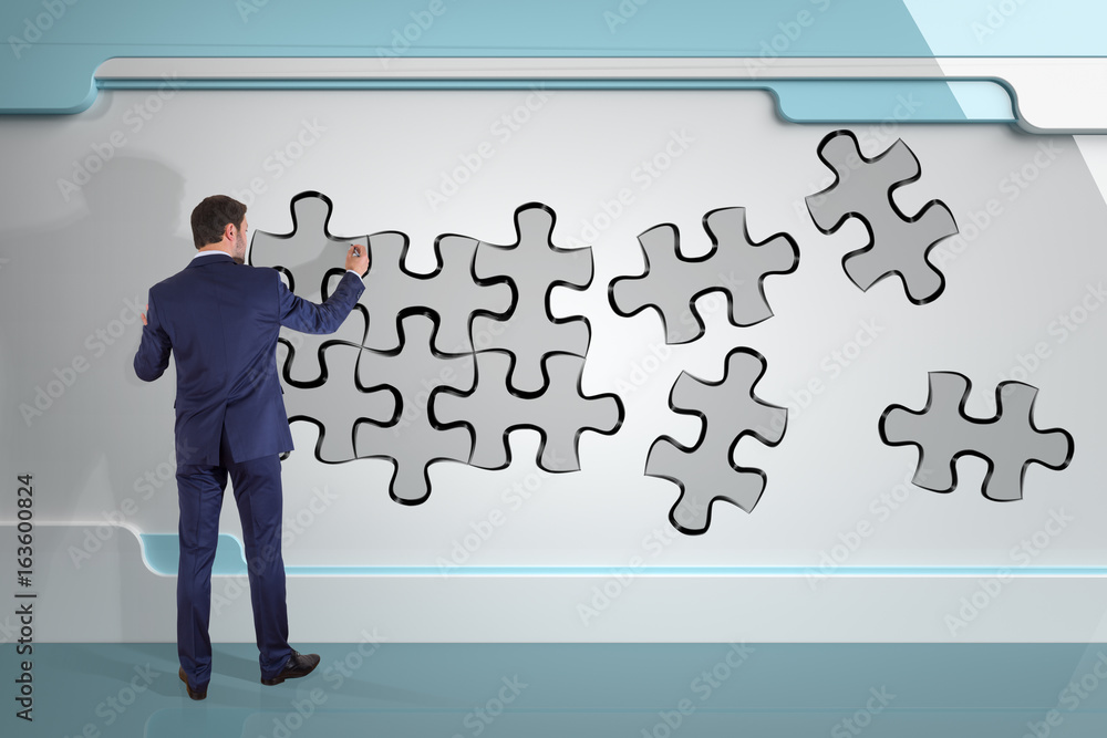 Poster Businessman searching puzzle solution on a wall 3D rendering