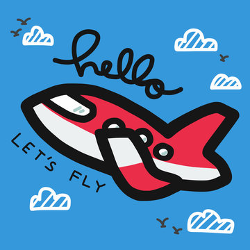 Hello Let's fly word and red airplane cartoon vector illustration 