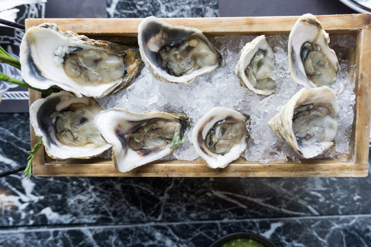 A platter of raw fresh oysters on ice at restaurant.