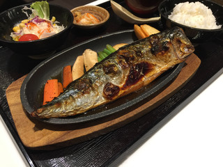 Japanese saba grilled set on white table