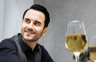 business man talking job and drink wine with relax time