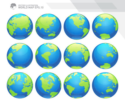 Globes showing earth with all continents. Digital world globe vector. Dotted world map vector.
