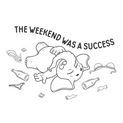 Elephant. Character. Party. After party. Disorder. Stag party. Big collection of isolated elephants. Vector, cartoon.