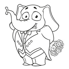 Elephant. Character. In a tuxedo, holding a bouquet of flowers. Big collection of isolated elephants. Vector, cartoon
