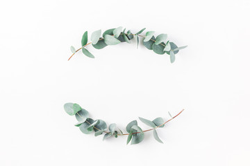 Eucalyptus on white background. Wreath made of eucalyptus branches. Flat lay, top view, copy space - 163609215