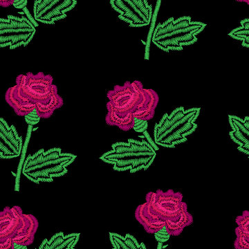 Embroidery stitches imitation seamless pattern with big roses