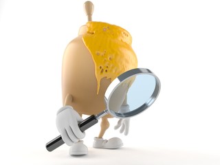 Honey jar character looking through magnifying glass