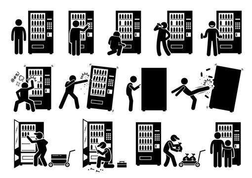 People with Vending Machine. Pictogram depicts a person using vending machine and destroying it. The stick figures also shows a worker stocking up, fixing, and collecting the money from it. 