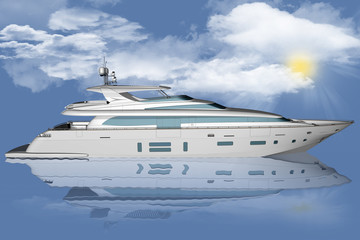 Fototapeta na wymiar yacht in mezzo al mare con sullo sfondo cielo, nuvole e sole..