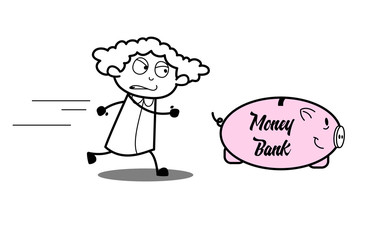 Cartoon Angry Girl Running Behind Piggy Bank