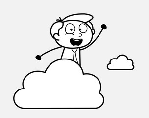 Cartoon Man Standing Behind Cloud Banner and Gesturing