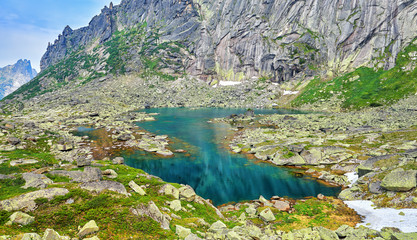 Turquoise color of water of glacial lake