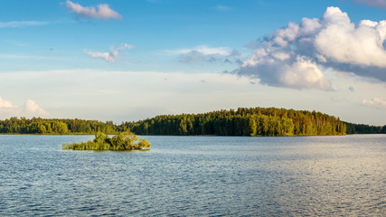 панорама летнего пейзажа на берегу озера, Рефтинское водохранилище, Россия, Урал, июль © 7ynp100