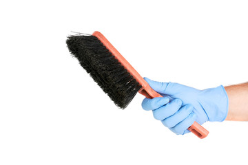 Hand With Plastic Glove Holding A Cleaning Brush Isolated On White Background