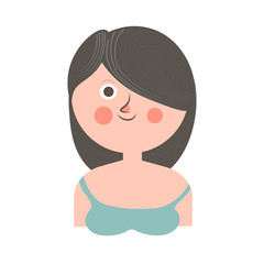 Young girl with dark hair closeup portrait on white