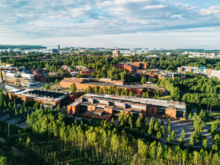Aerial view of Finnish town, builidings, park