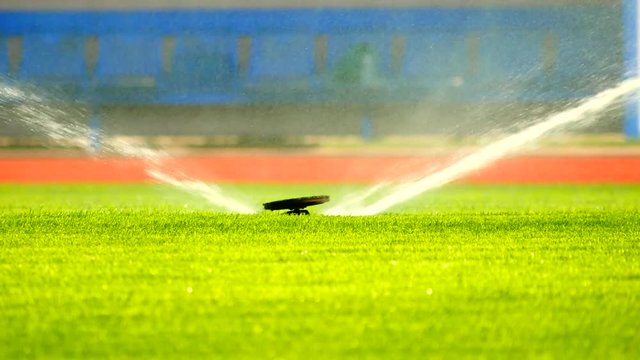 Watering the football field  by underground sprinklers. Lawn grass on the football field in hot summer, blue tribune seats  in background