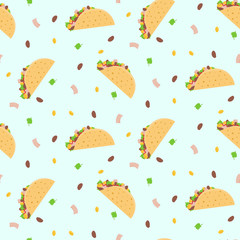 Cute cartoon colorful seamless pattern with mexican tacos, corn, lettuce and kidney bean. Nice fastfood pattern for textile, cafe and restaurant wrapping paper, covers, banners, background, wallpaper - obrazy, fototapety, plakaty