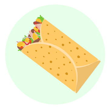 Flat vector delicious mexican burrito with chicken meet, corn and kidney bean in tortilla icon. Tasty cartoon colorful take away fastfood symbol