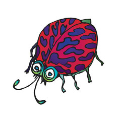 Funny red polka dotted ladybug, hand drawn doodle color sketch in pop art style, vector illustration