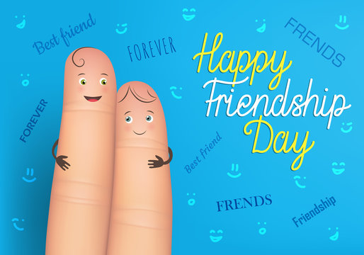 Happy friendship day poster. Realistic finger people card. Celebration card showing affection and bond between real friends. Flat style vector illustration on blue background