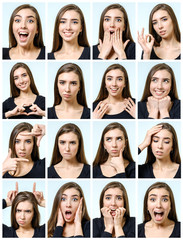 Collage of beautiful girl with different facial expressions