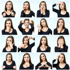 Collage of beautiful girl with different facial expressions