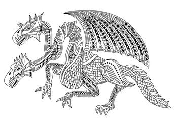 Beautiful two headed dragon. Zentangle and doodle style. Coloring book or tattoo. Vector illustration.