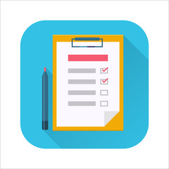 Checklist flat icon. Check list on the clipboard and pen. Flat internet icon with long shadow in cartoon style. To do list with marks. Vector colored illustration.