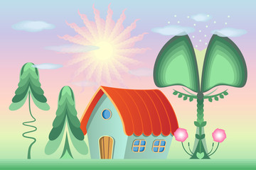 Fototapeta na wymiar Countryside. Fantasy landscape. House, sun, trees and flowers. Vector illustration.