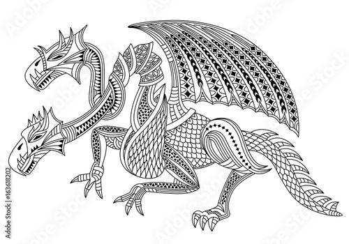 "Beautiful two headed dragon. Zentangle and doodle style. Coloring book