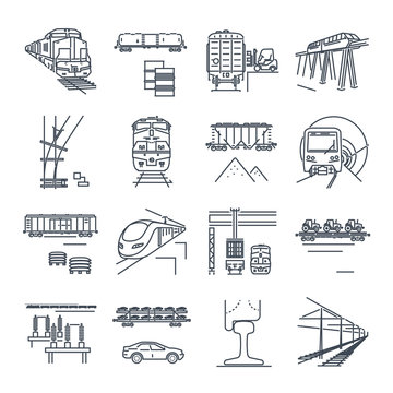 Set Of Thin Line Icons Freight And Passenger Rail Transport, Railway, Train, Terminal, Locomotive