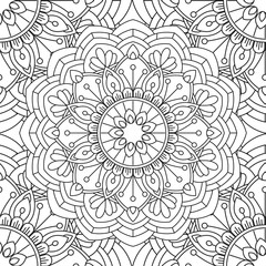 Doodles mandala seamless pattern. Adult coloring page. Black and white floral elements. Repeat pattern background. Hand drawn vector illustration.