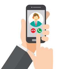 contact call center. hand holds smartphone. vector illustration.