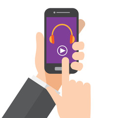 music streaming. listening music on smartphone. hand holds smartphone. vector illustration.