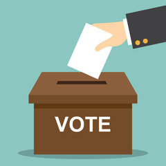 vote , election. hand putting paper in the ballot box. democracy vector illustration.