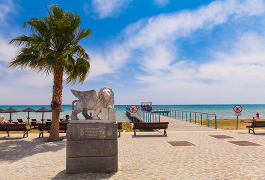 LARNACA, CYPRUS . View on the Winged Lion statue on the promenade at Foinikoudes, in the south coast town of Larnaca on the Mediterranean island of Cyprus.
