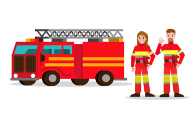 Naklejka premium Fireman and fire woman on the background of the service car. flat Fireman character design. vector illustration