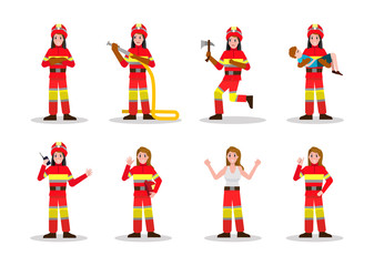 Fototapeta premium Sets of Firefighting. Fire Woman character design in many pose. vector illustration