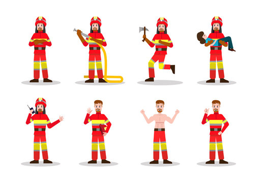 Sets of Firefighting. Fireman character design in many pose. vector illustration