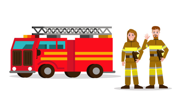 Fireman and fire woman on the background of the service car.  flat Fireman character design. vector illustration