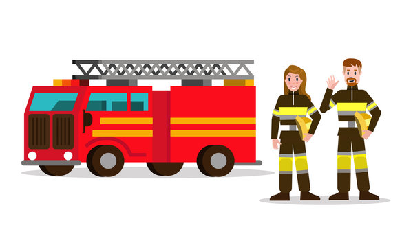 Fireman and fire woman on the background of the service car.  flat Fireman character design. vector illustration