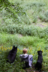 young woman texting on the phone with two black dogs sitting in the grass