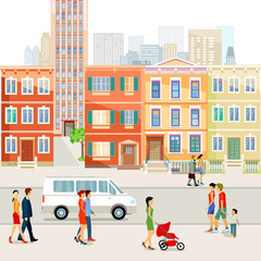 Naklejka premium Straße in der Stadt mit Fußgänger Illustration