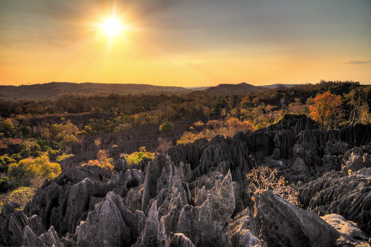 Beautiful sunset view on the unique geography at the Tsingy de Bemaraha Strict Nature Reserve in Madagascar