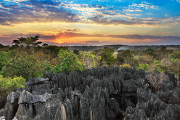 Beautiful sunset view on the unique geography at the Tsingy de Bemaraha Strict Nature Reserve in Madagascar - obrazy, fototapety, plakaty