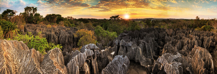 Beautiful 180 degree HDR panorama of the unique geography at the Tsingy de Bemaraha Strict Nature...